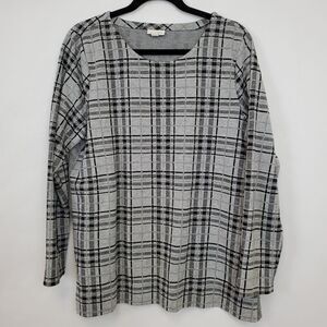 J. Jill Top Womens Large Plaid Crew Neck Side Stripe Long Sleeve Tunic Gray